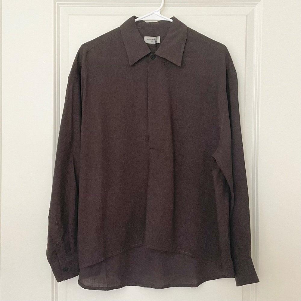 Simple Project Minimalist Oversized Brown Deep V-Neck Blouse shirt S - Picture 4 of 11